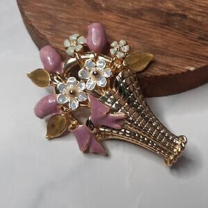 Vintage Flower Basket Brooch Enameled Floral Bouquet Gold Tone